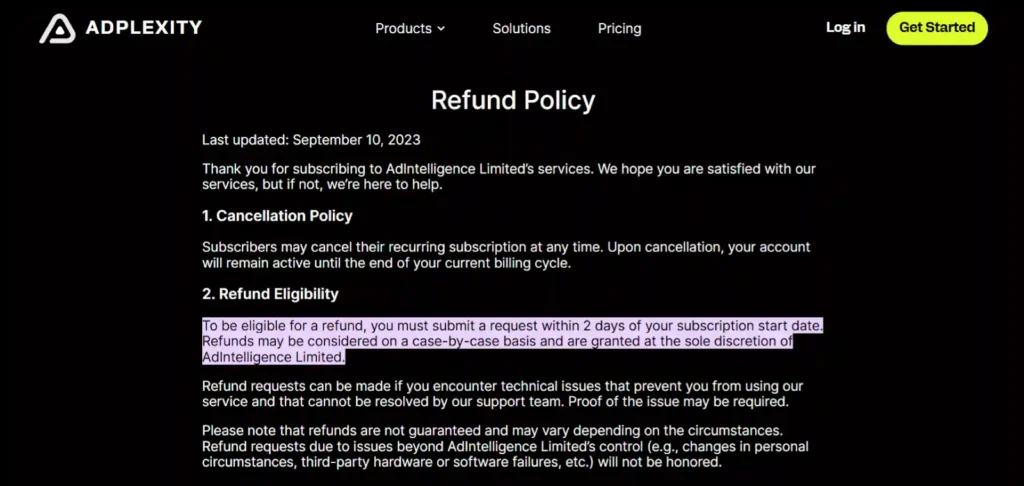 AdPlexity Refund Policy