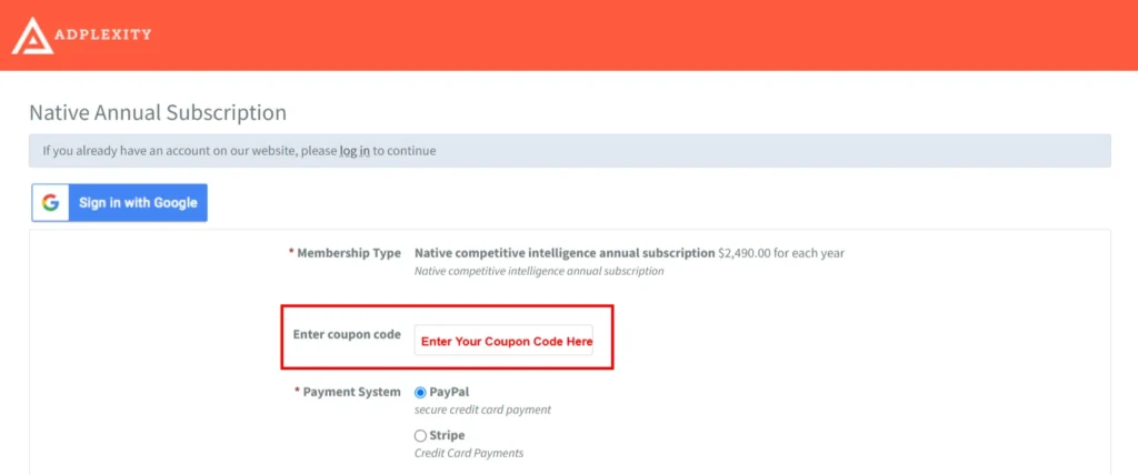 Adplexity Checkout page- Entering Coupon Code