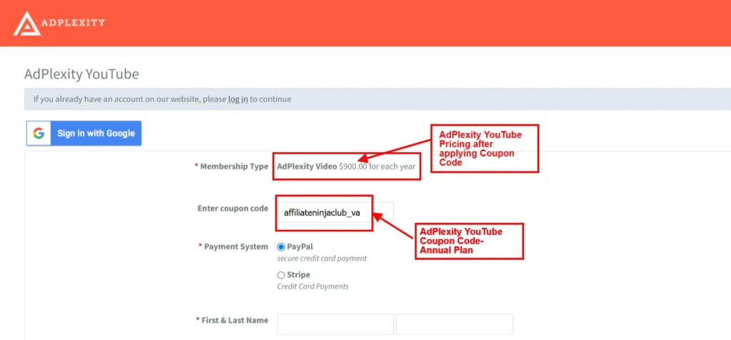 Applying AdPlexity YouTube Coupon Code at checkout page
