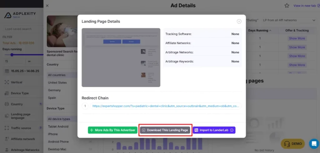AdPlexity landing page download feature